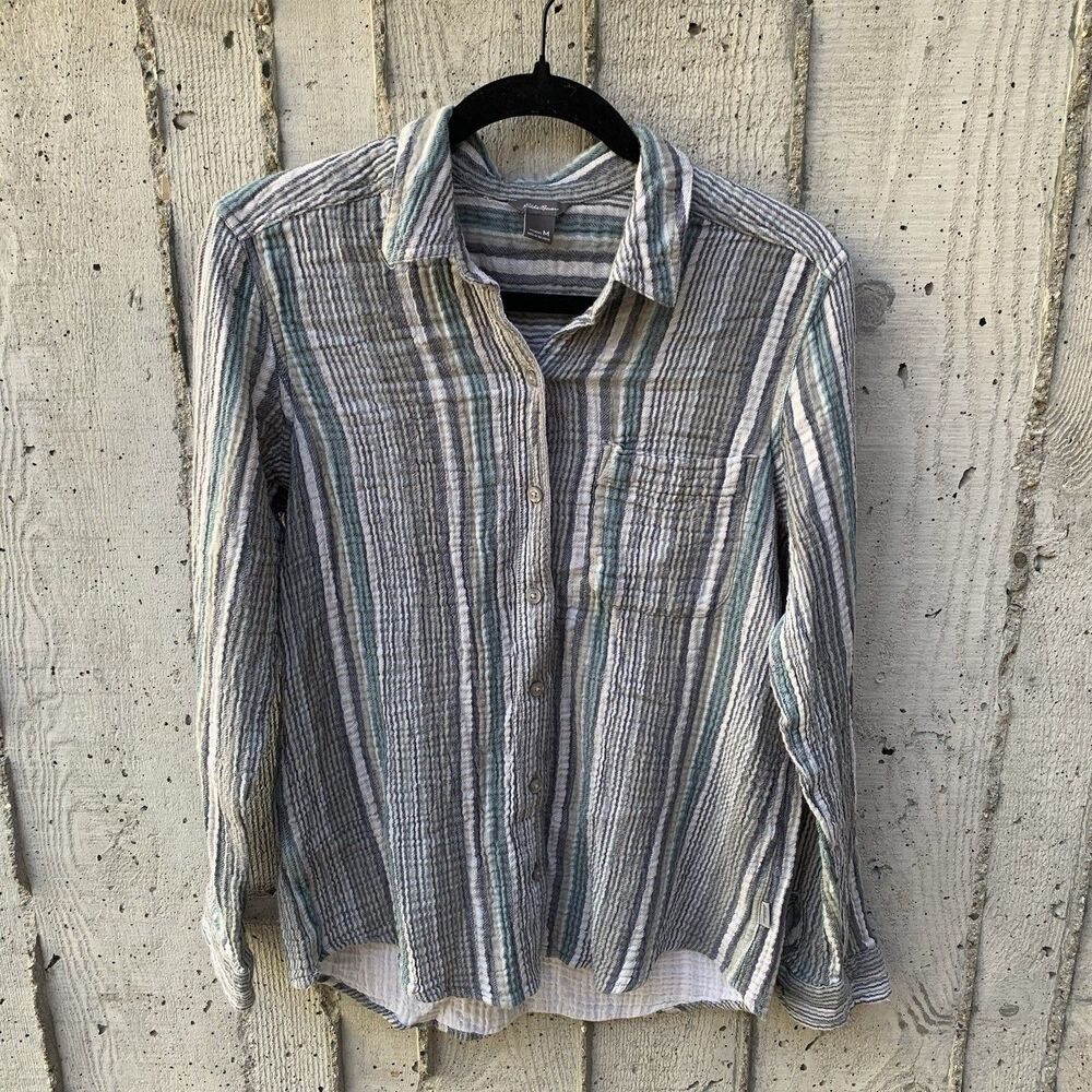 Eddie Bauer Cotton Striped Gauze Button Up Beach Hiking Camping Breathable M